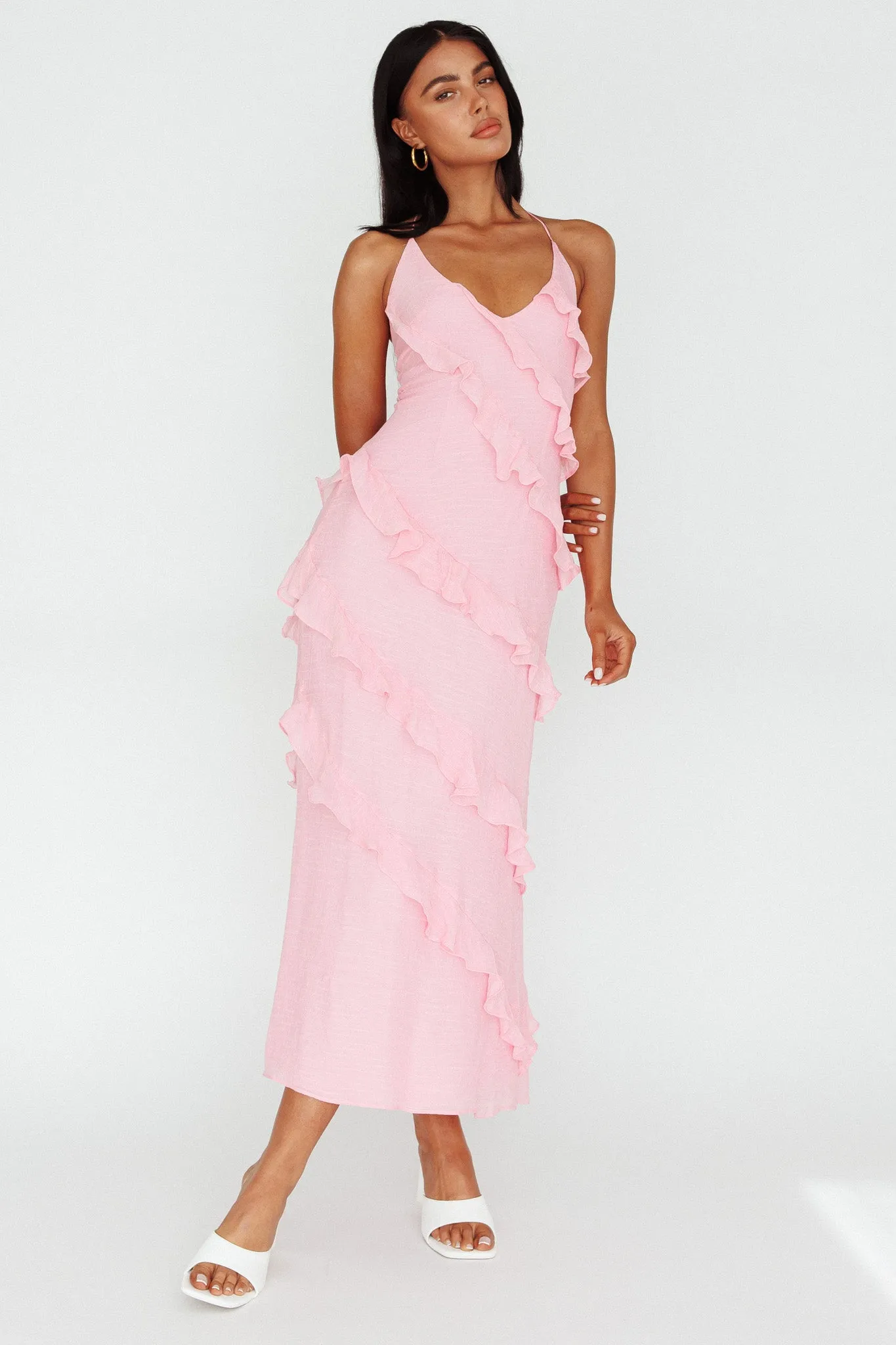 Arrabel Halterneck Ruffle Maxi Dress Pink