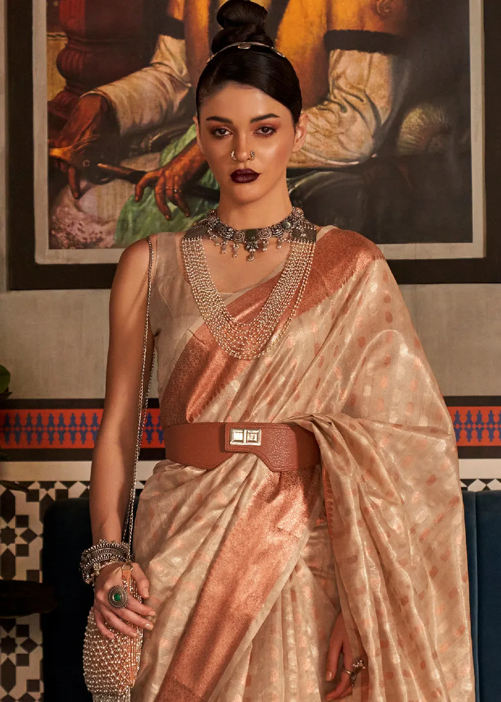 Beige Brown Zari Woven Tissue Silk Saree