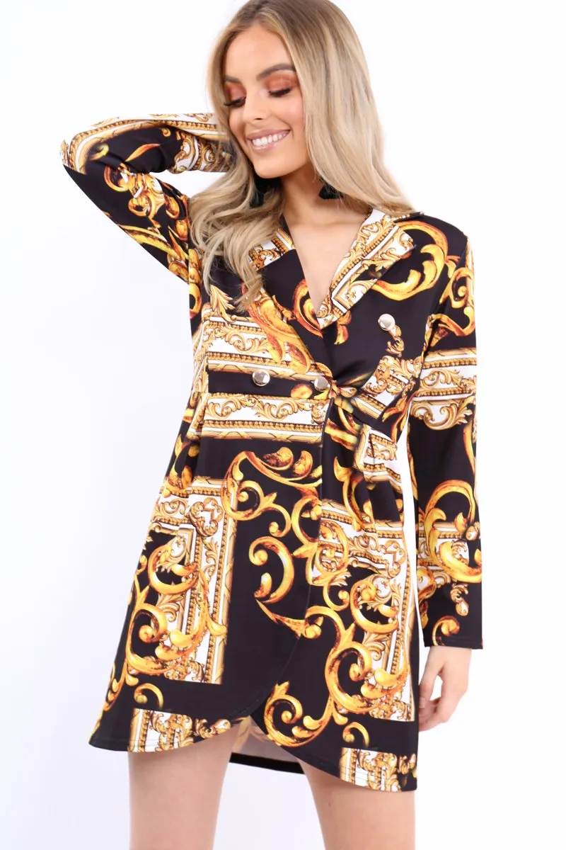 Black Scarf Print Button Detail Blazer Dress - Hannah