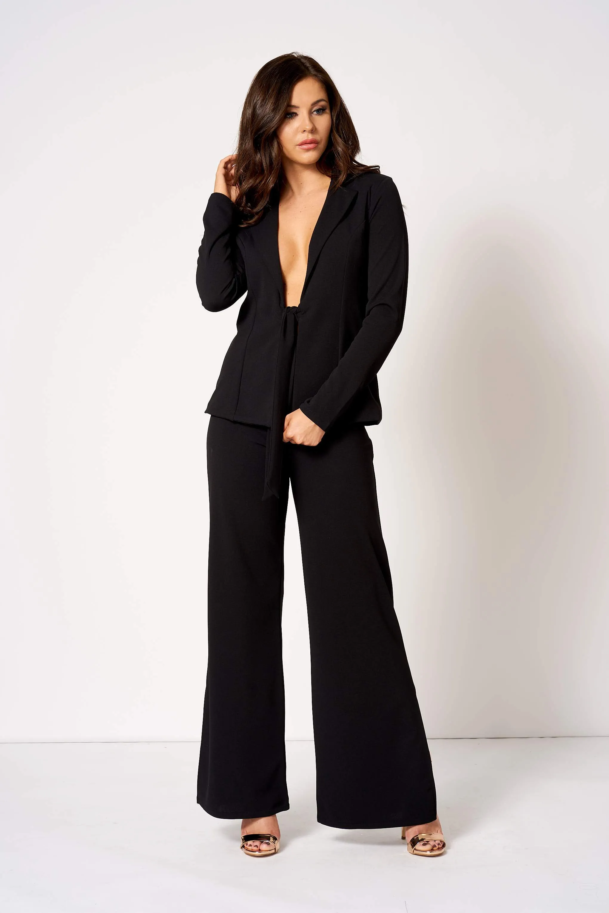 Black Tie Front Plunge Tailored Blazer