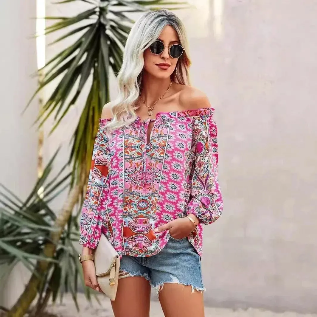 Boho Floral Print Off Shoulder Top