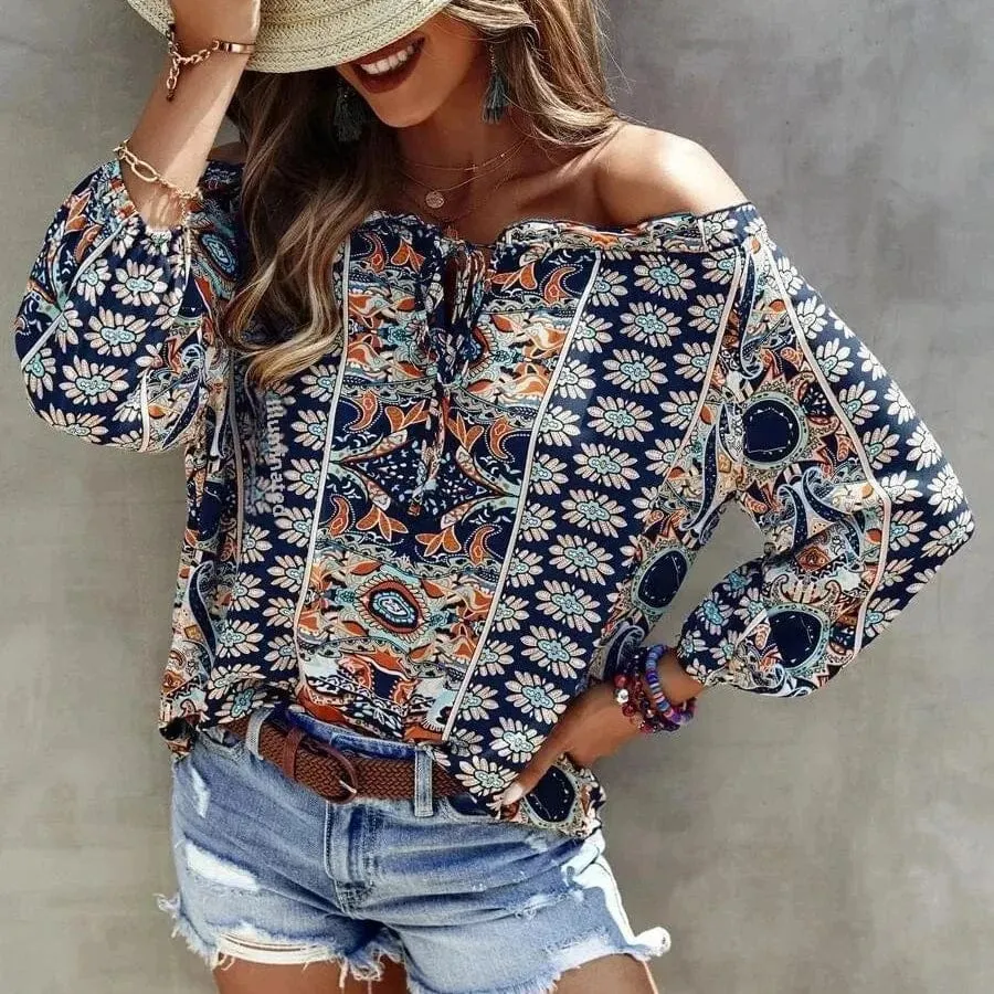 Boho Floral Print Off Shoulder Top