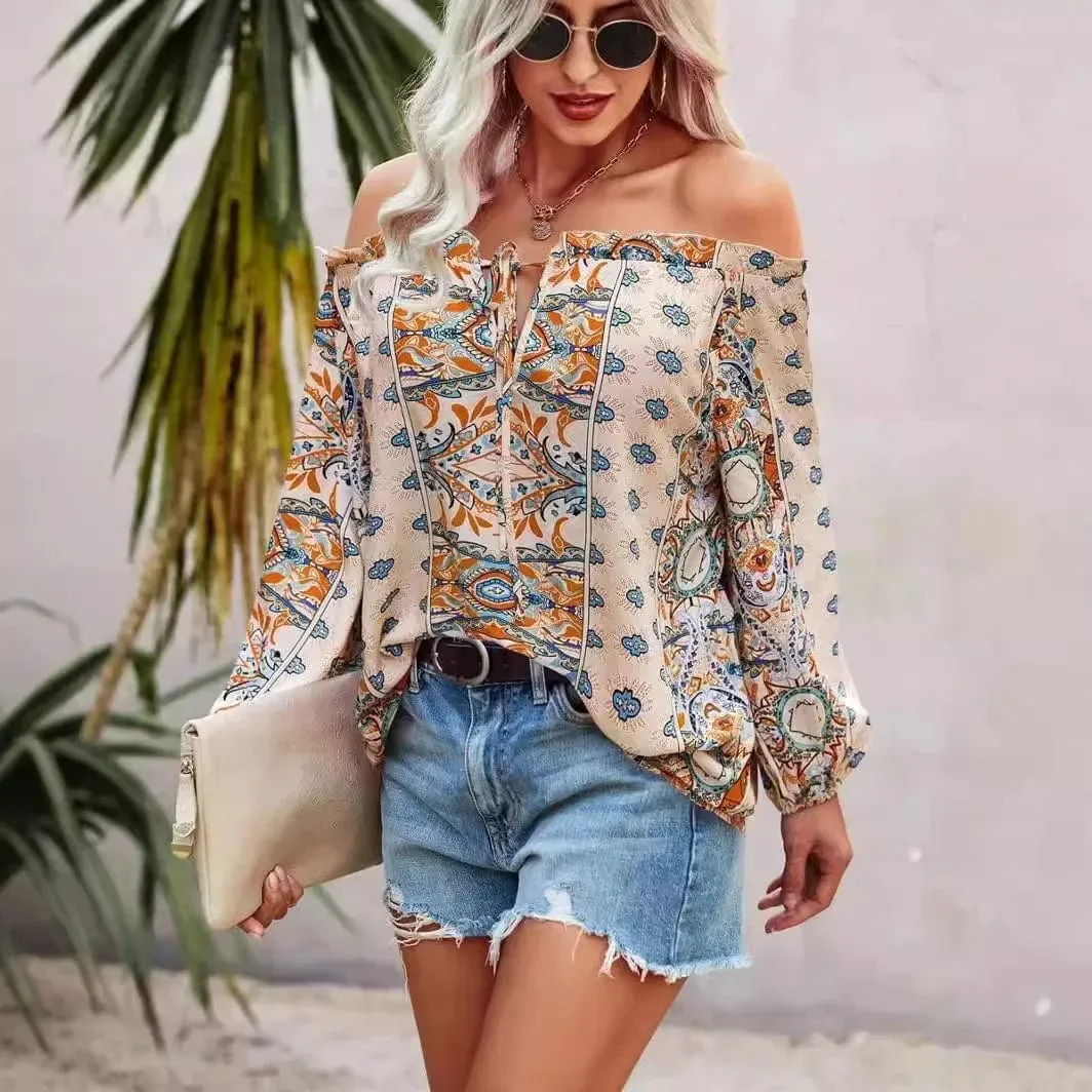 Boho Floral Print Off Shoulder Top