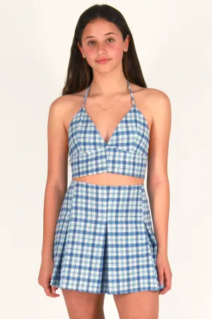 Bralette and  Pleated Skirt - Flannel Blue Plaid