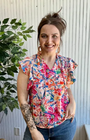 Bright Mixed Floral Tied Ruffle Sleeve Blouse