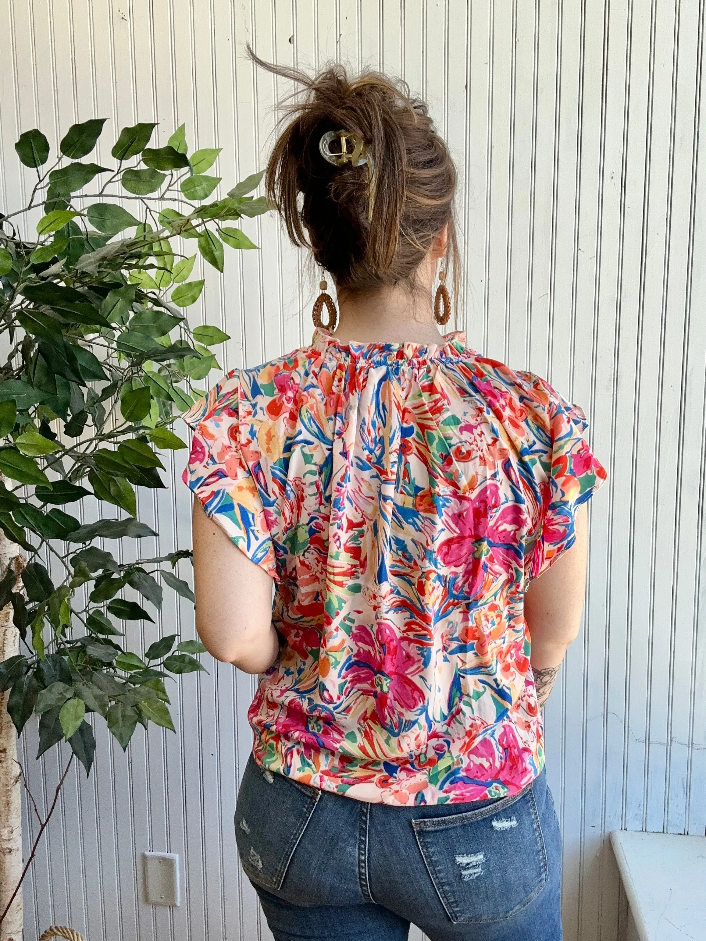 Bright Mixed Floral Tied Ruffle Sleeve Blouse