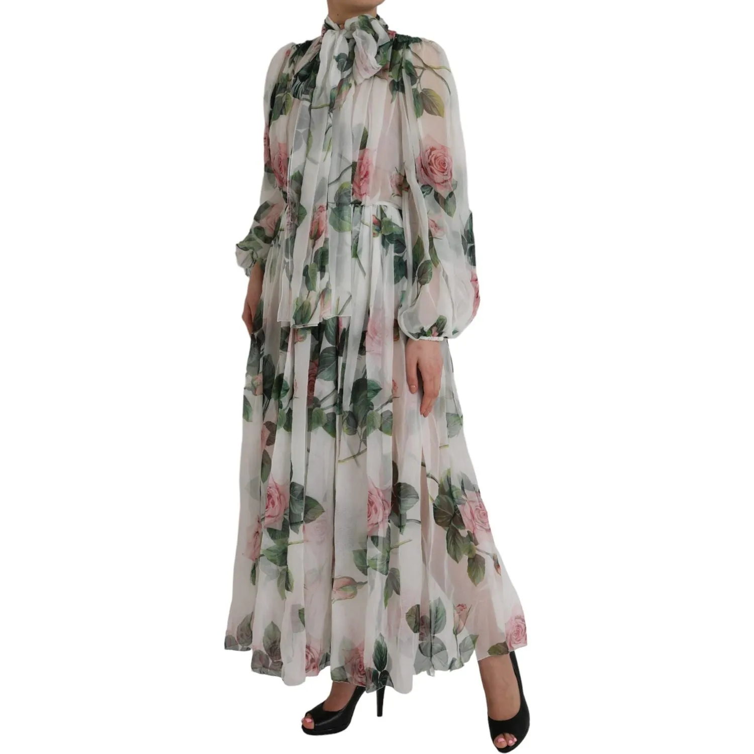 Dolce & Gabbana White Silk Floral Print Long Maxi Dress