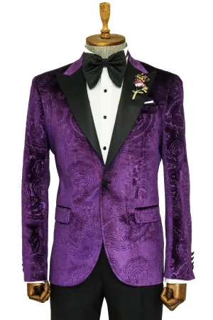 Floral Patterned Purple Velvet Men Tuxedo  Jacket - Wessi