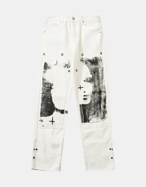 Herringbone Graffiti Print White Straight Jeans