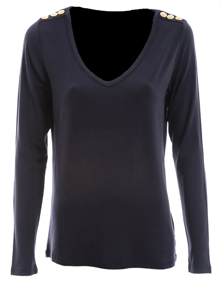 Holland Cooper Long Sleeve V Neck Tee in Ink Navy