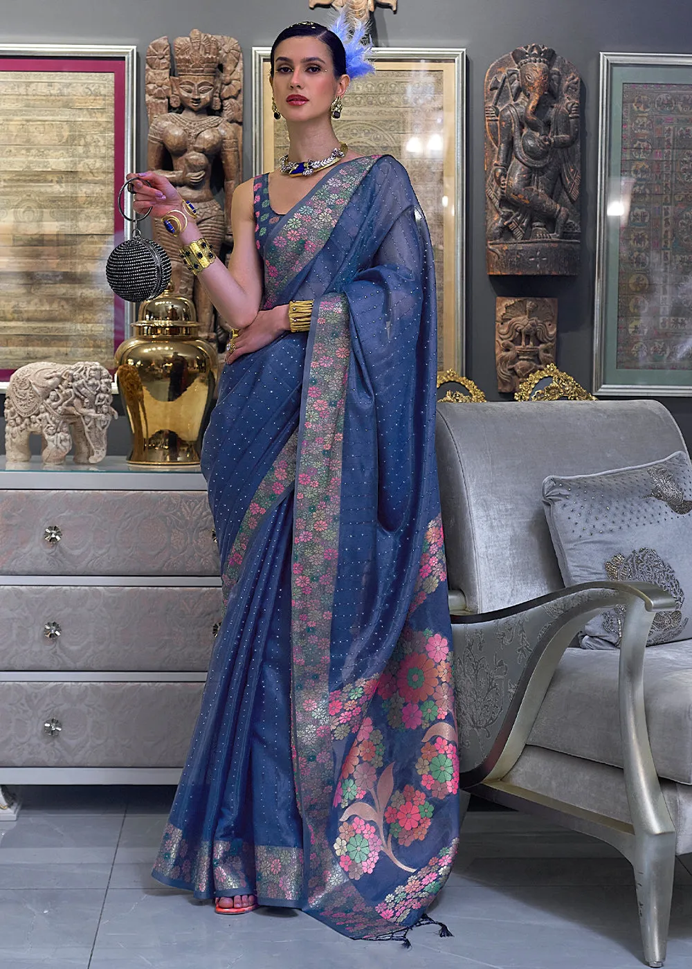 Midnight Blue Handloom Woven Dual Tone Organza Silk Saree with Sequins Work