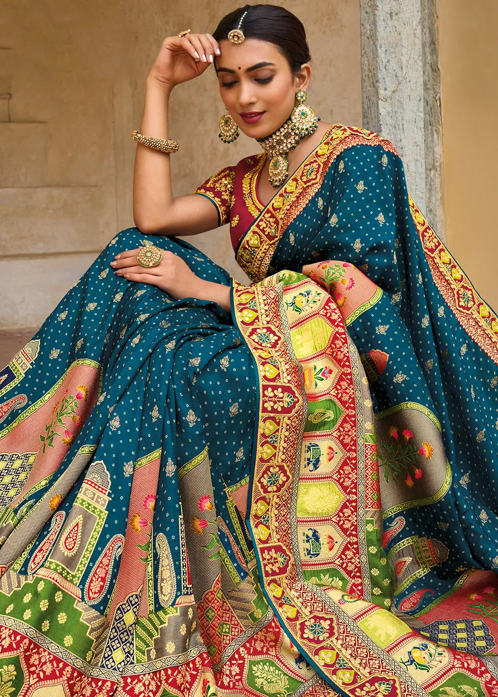 Ocean Blue Dola Silk Saree with Beautiful Embroidery work: Wedding Edition