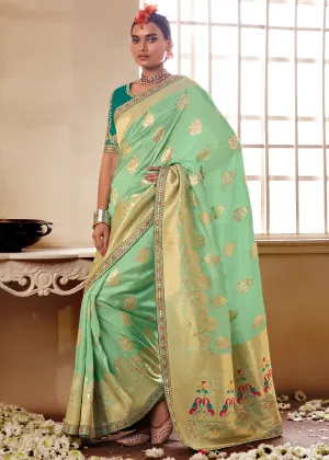 Pastel Green Woven Dola Silk Saree with Contrast Embroidered Border