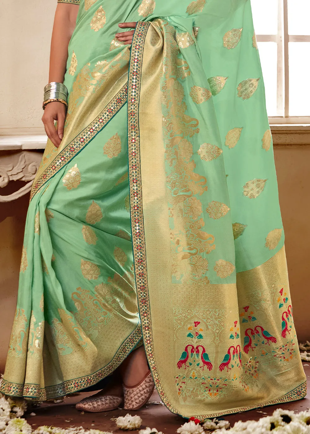 Pastel Green Woven Dola Silk Saree with Contrast Embroidered Border