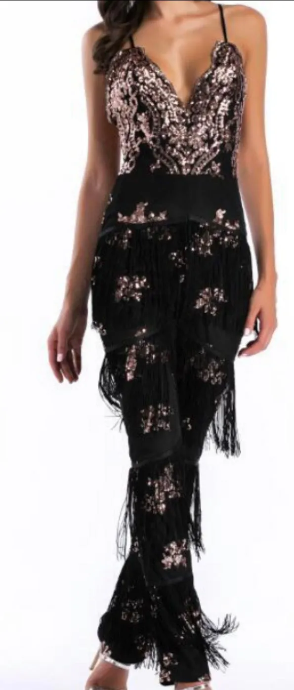 Plunge Sequin Tassel Jumpsuit in Four Colour Ways