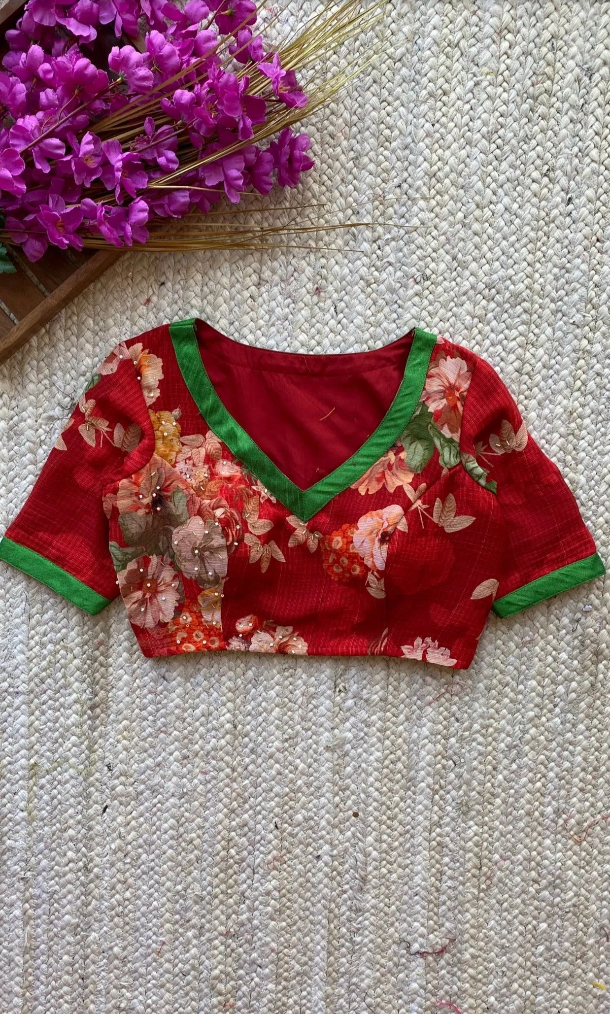 Red soft georgette hand embroidered blouse