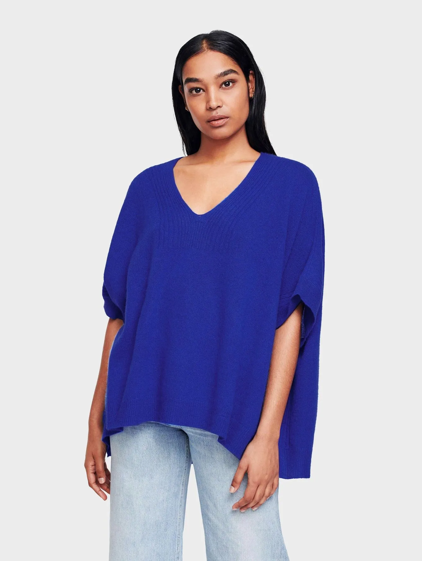 White   Warren - Rib Trim Poncho in Casa Blue