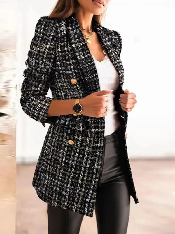 Women’s long-sleeved double-breasted suit collar printed small jacket