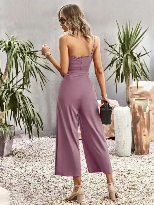 Women’s solid color one-shoulder tie jumpsuit