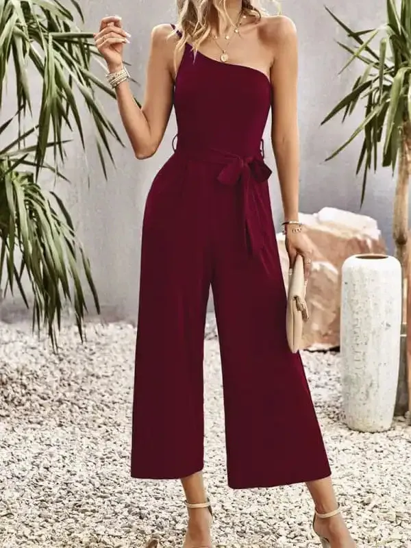 Women’s solid color one-shoulder tie jumpsuit