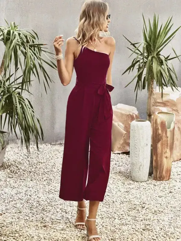 Women’s solid color one-shoulder tie jumpsuit