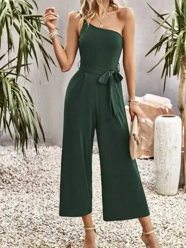 Women’s solid color one-shoulder tie jumpsuit