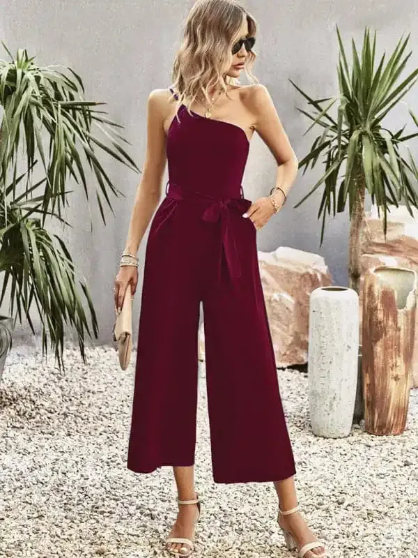 Women’s solid color one-shoulder tie jumpsuit