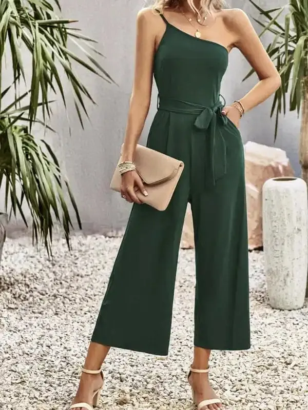 Women’s solid color one-shoulder tie jumpsuit