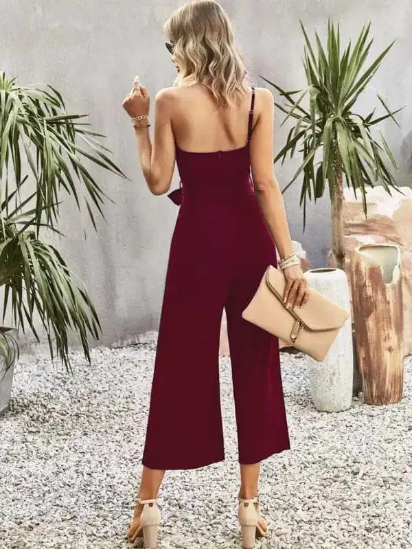 Women’s solid color one-shoulder tie jumpsuit