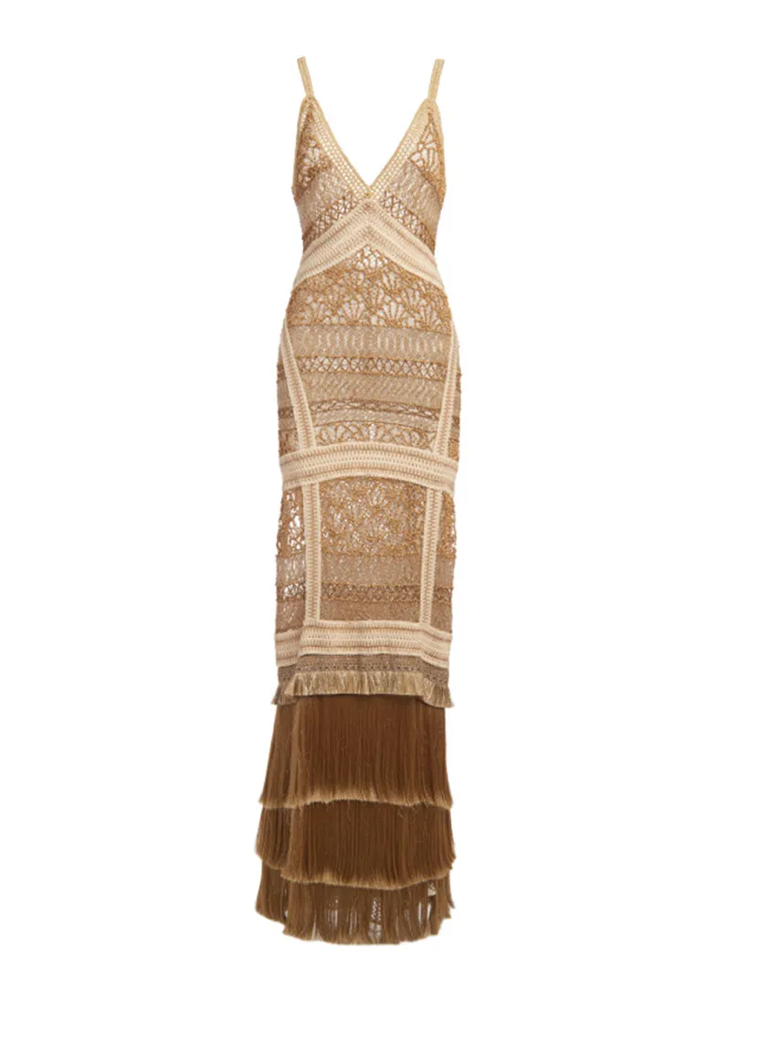 Wood Beaded Fringe Maxi Dress